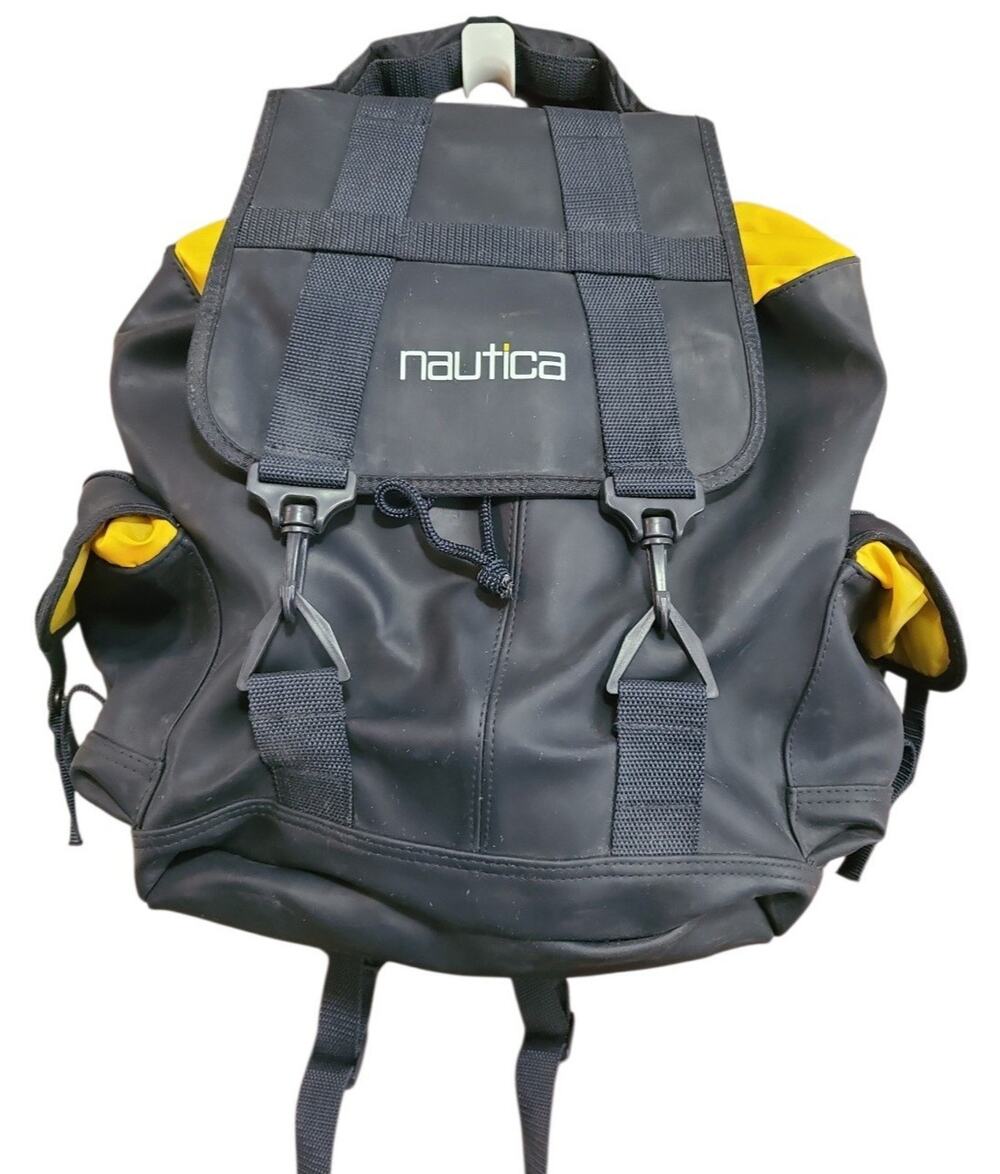 Vintage Nautica Rubber Backpack Bag Sail Sport Travel 90s Navy Yellow
